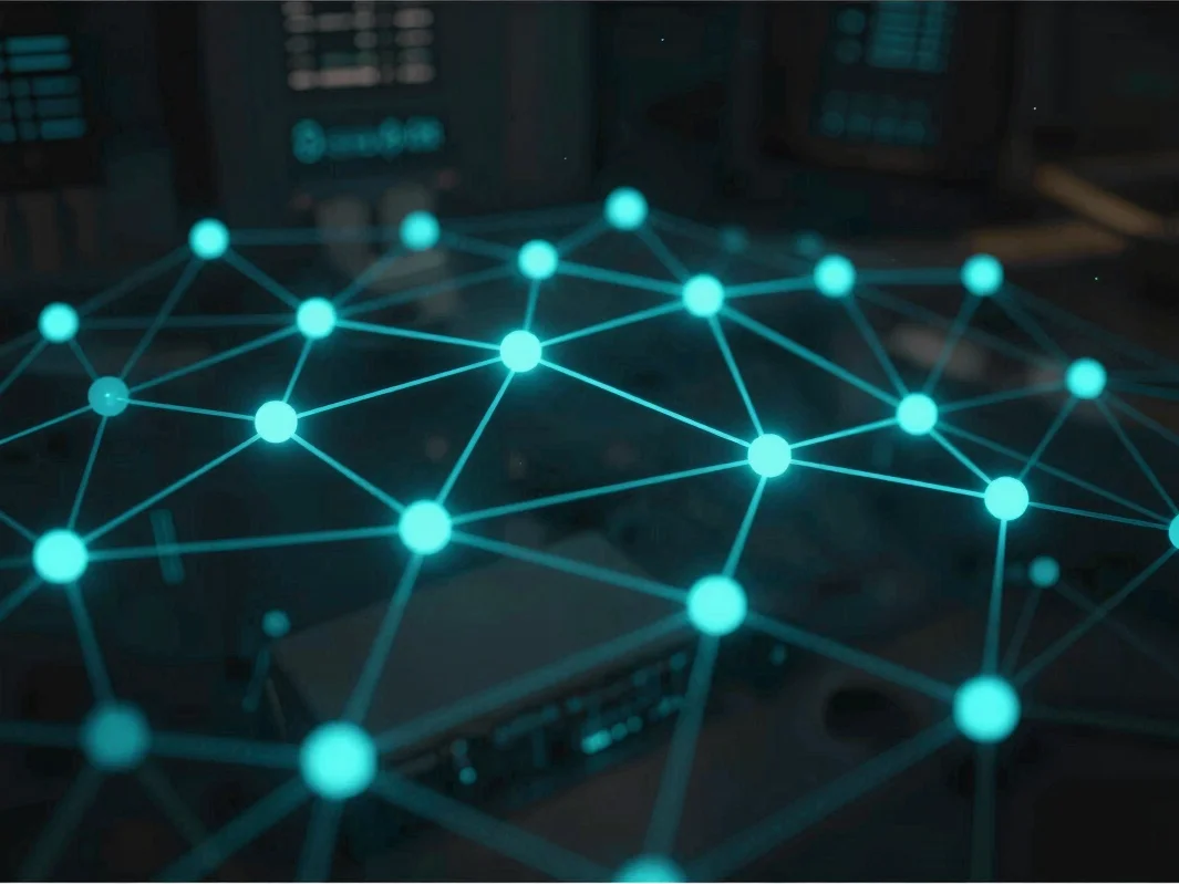 Abstract digital network node visualization with glowing cyan con