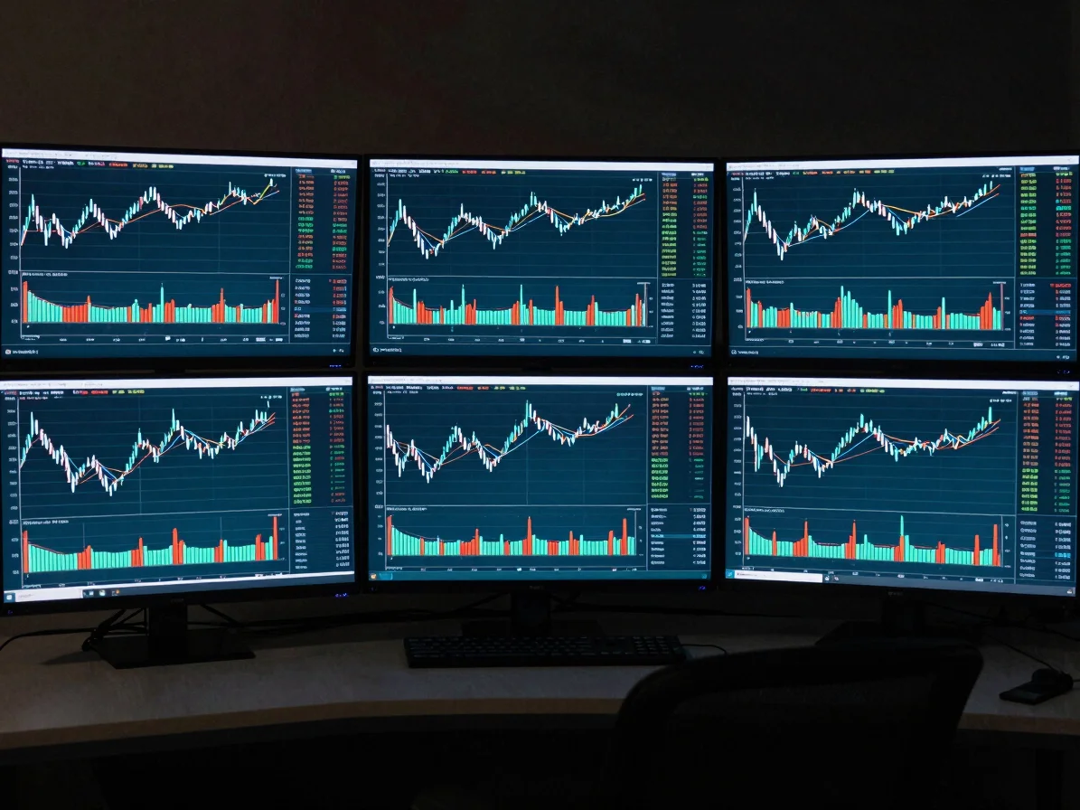 Sleek multimonitor trading setup displaying real-time candlestick